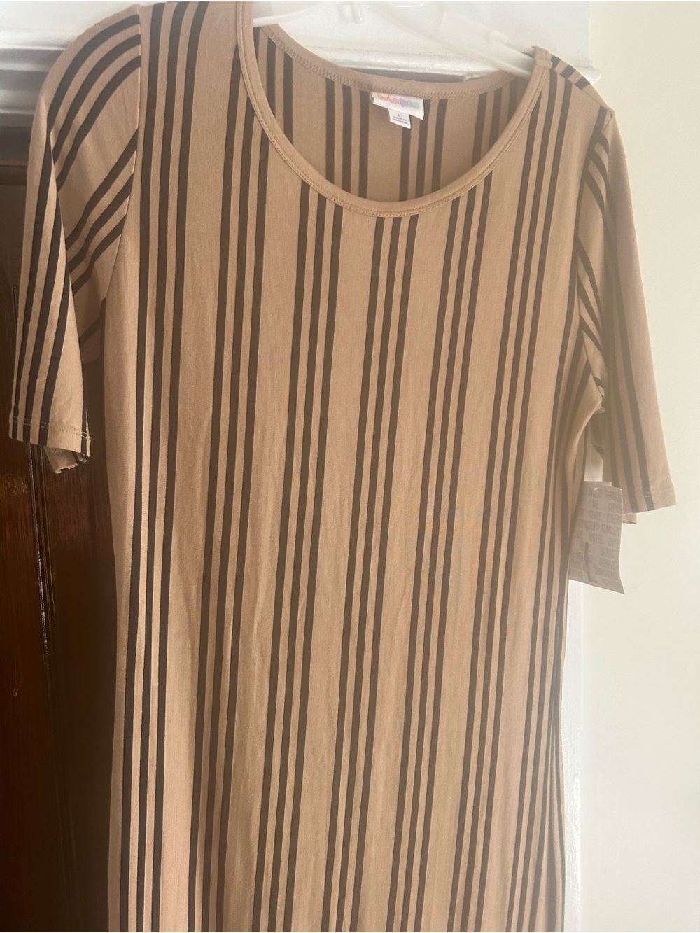 LuLaRoe Beige and Black Striped Midi Dress
